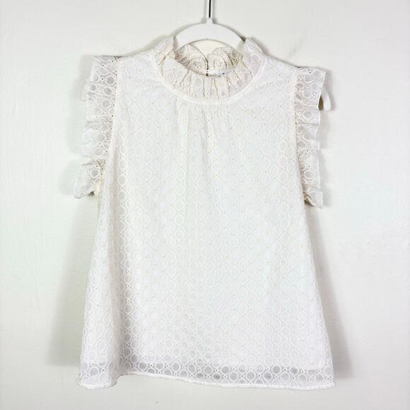 THML Boutique Neutral Boho Ruffle Trim Eyelet Embroidered Sleeveless Blouse - Picture 1 of 8